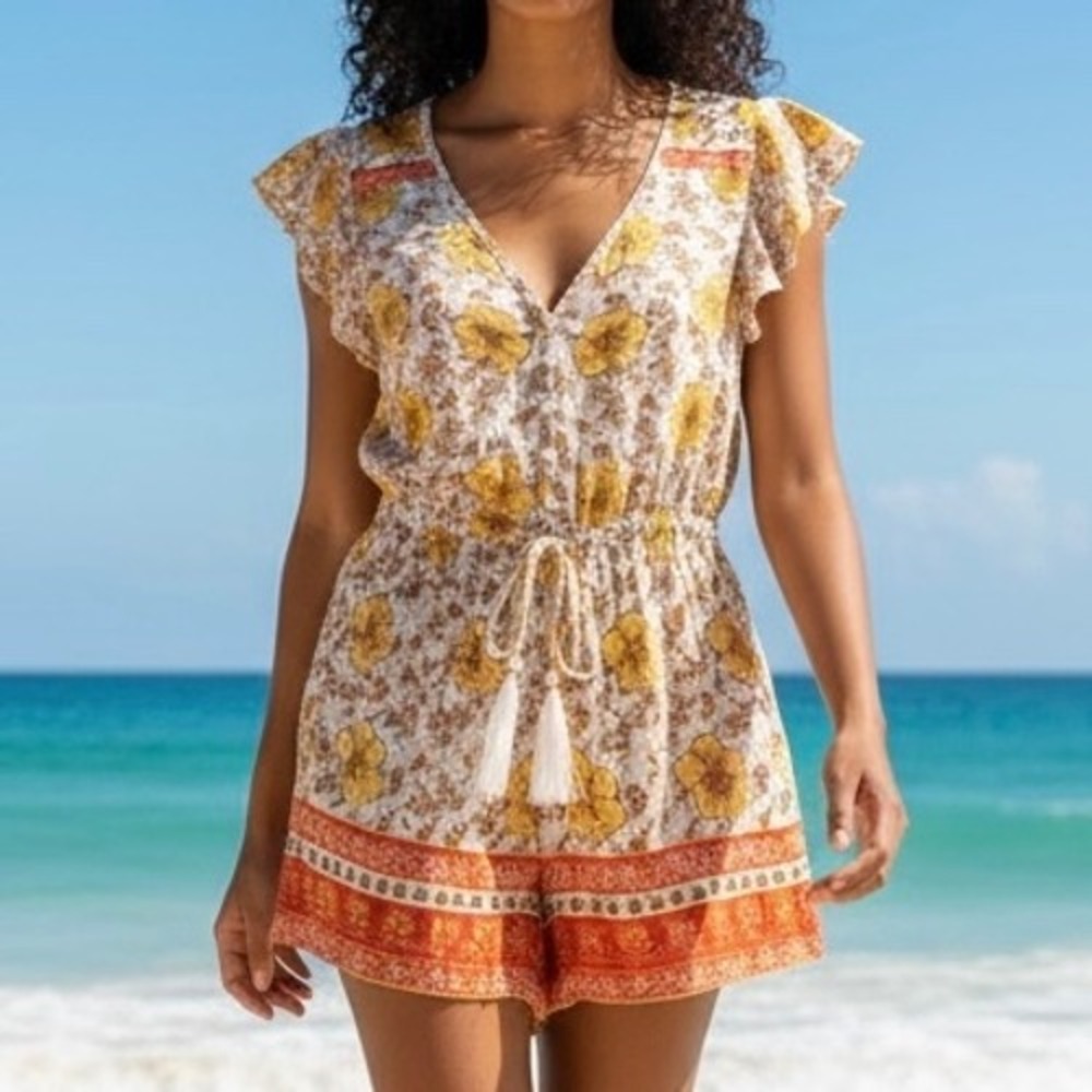 Forever 21 Womens Butter Yellow Floral Boho Romper Ruffle Tassel Summer Sz S